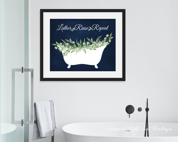 Blue Bathroom Wall Art with White Clawfoot Tub - Lather Rinse Repeat - BATH557