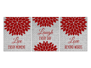 Live Every Moment, Laugh Every Day, Love Beyond Words, Red & Gray Burlap Effect Family Quote - HOME611