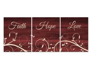 Faith Hope Love Religious Quote, Farmhouse Decor, Red Home Decor, Kitchen Wall Art, Bible Verse Art, Rustic Home Decor CANVAS - HOME747