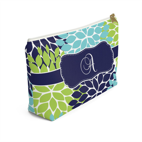 Personalized Makeup or Toiletry Bag - Blue & Green Flower Burst - PH2
