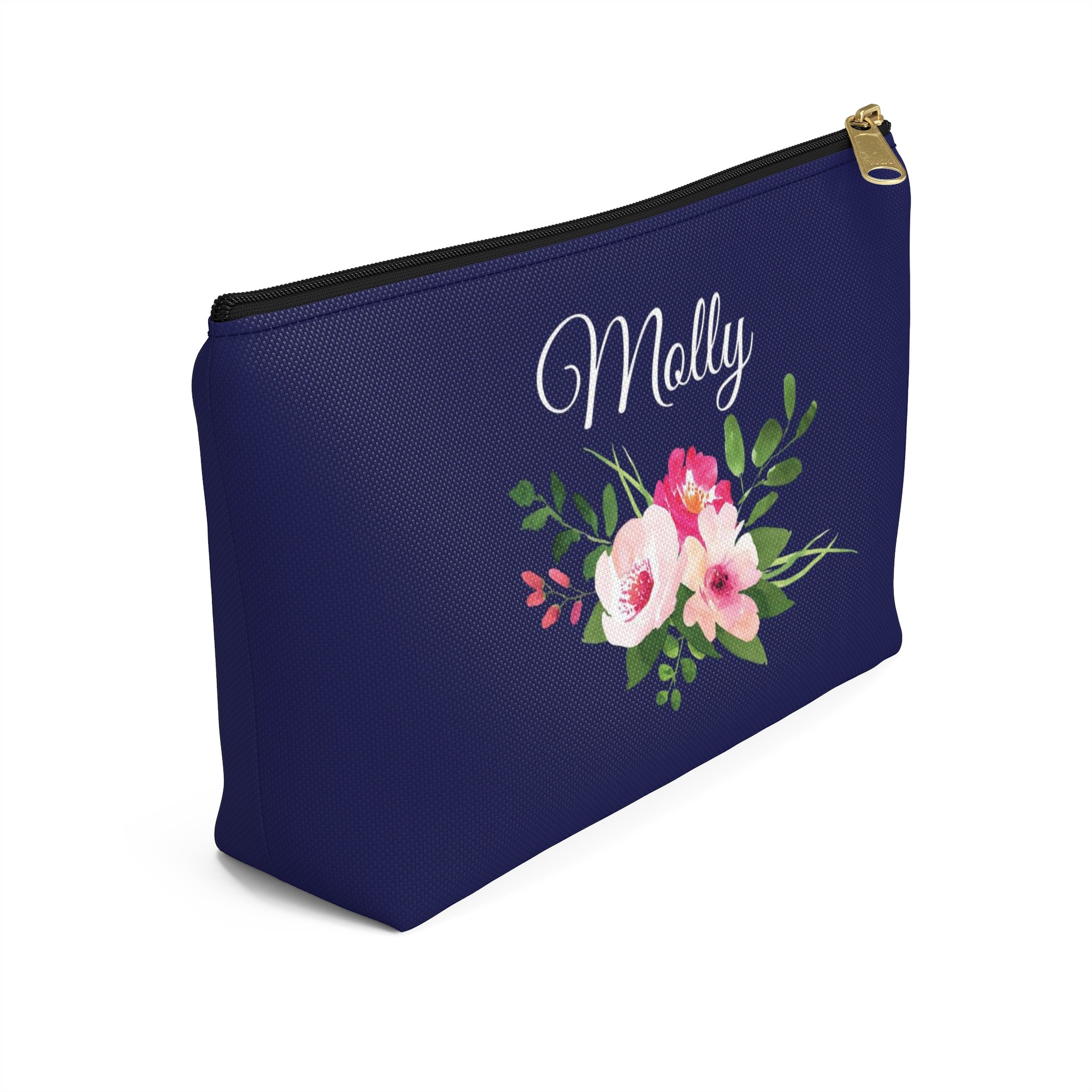 Personalized Makeup or Toiletry Bag - Blue & Pink Watercolor Flowers - PH4