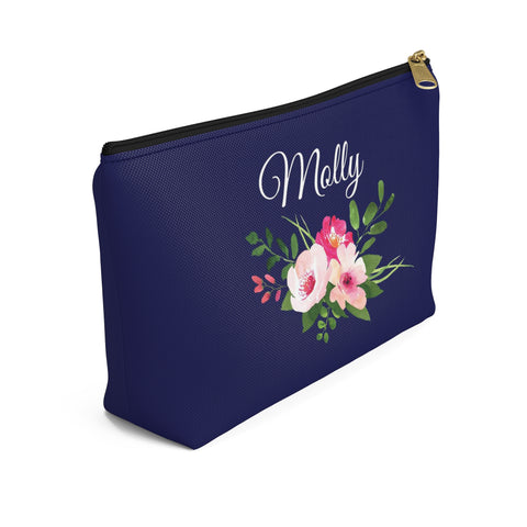 Personalized Makeup or Toiletry Bag - Blue & Pink Watercolor Flowers - PH4