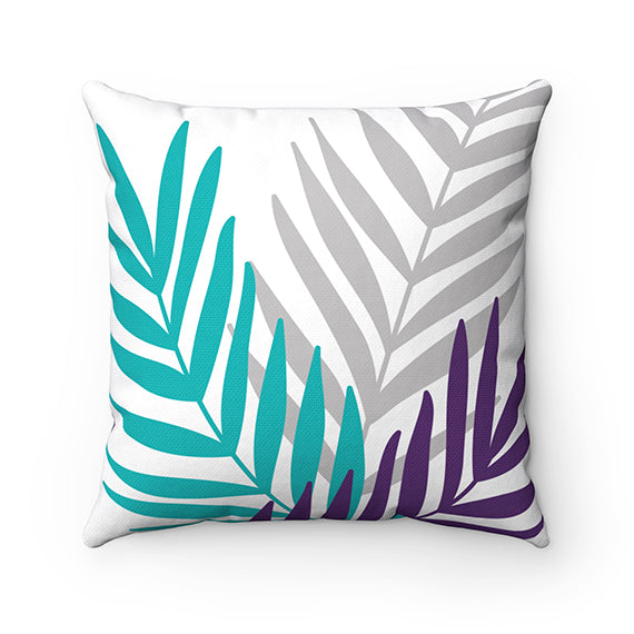 Teal, Purple & Gray Throw Pillow, Palm Leaves Pillow Cover, Tropical Home Decor - PIL112