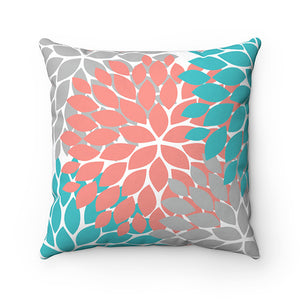 Coral, Gray & Aqua Flower Burst Decorative Throw Pillow - PIL33