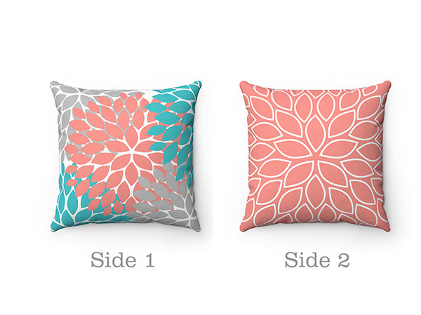 Coral, Gray & Aqua Flower Burst Decorative Throw Pillow - PIL33