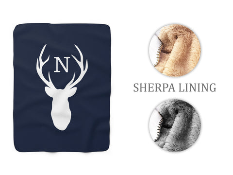Blue Deer Head Antler Sherpa Fleece Blanket - Personalized Nursery Blanket - SFB11