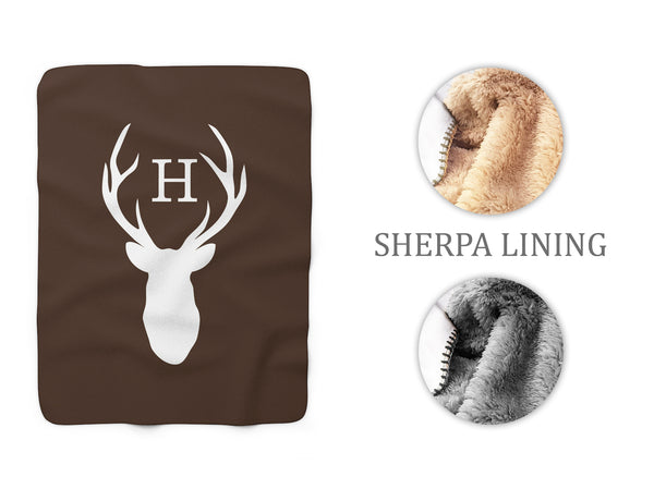 Brown Monogram Deer Head Antler Sherpa Fleece Blanket, Personalized Outdoor Throw Blanket - SFB12