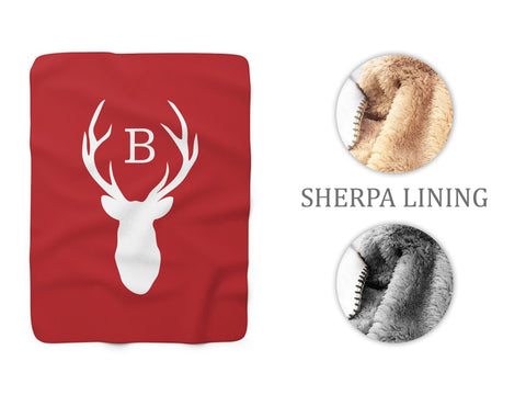 Red Monogram Deer Head Antler Sherpa Fleece Blanket, Personalized Outdoor Throw Blanket - SFB16