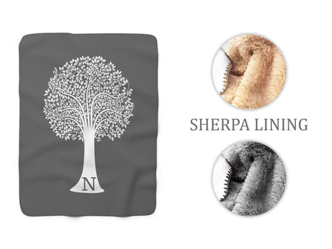 Gray Monogram Family Tree Sherpa Fleece Blanket, Personalized Outdoor Throw Blanket - SFB17
