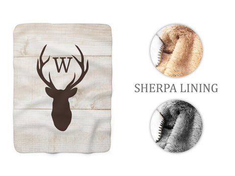 Tan Monogram Deer Head Antler Sherpa Fleece Blanket, Personalized Rustic Cabin Blanket - SFB19