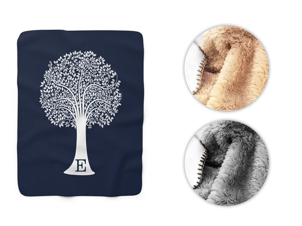 Blue Monogram Family Tree Sherpa Fleece Blanket, Personalized Outdoor Throw Blanket - SFB1