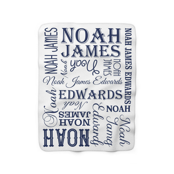 Blue & White Word Cloud Kids Name Sherpa Fleece Blanket, Personalized Kids Throw Blanket - SFB20