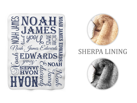 Blue & White Word Cloud Kids Name Sherpa Fleece Blanket, Personalized Kids Throw Blanket - SFB20