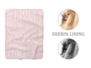 Pink & White Word Cloud Kids Name Sherpa Fleece Blanket, Personalized Kids Throw Blanket - SFB21