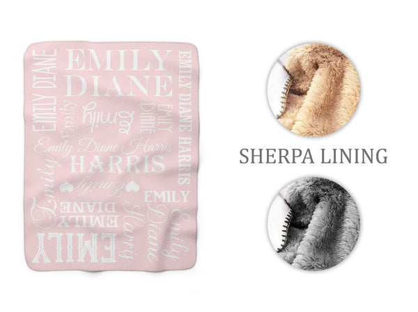 Pink & White Word Cloud Kids Name Sherpa Fleece Blanket, Personalized Kids Throw Blanket - SFB21