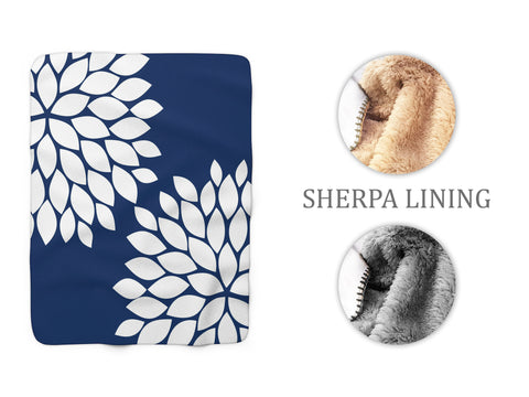 Floral Throw Blanket, Sherpa Fleece Blanket, Wedding Gift, Anniversary Gift, Blue Fleece Blanket, Blue and White Floral Bedding - SFB2