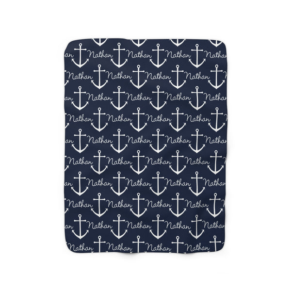 Personalized Navy Blue Anchor Nautical Sherpa Fleece Blanket - SFB30