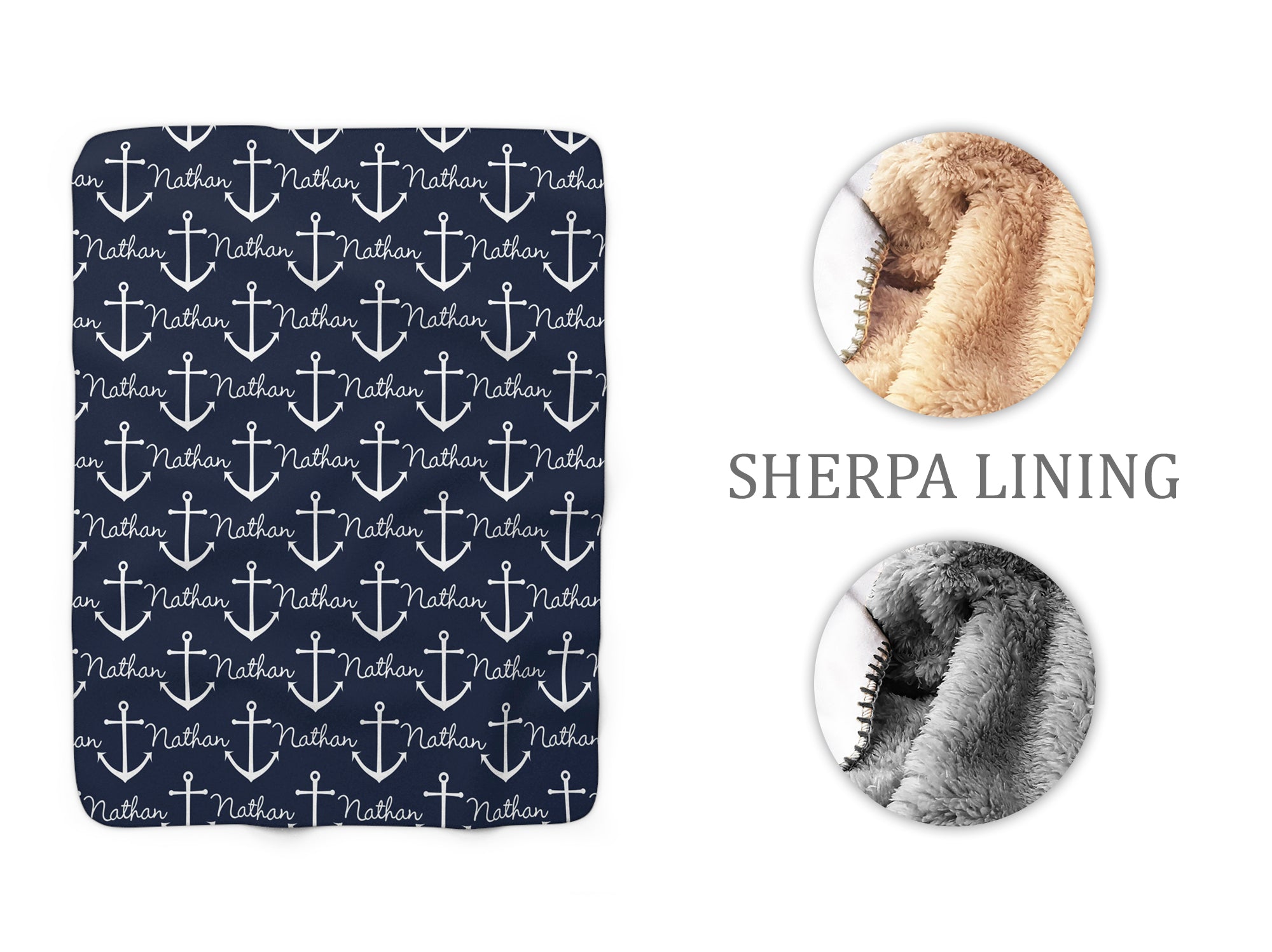 Personalized Navy Blue Anchor Nautical Sherpa Fleece Blanket - SFB30