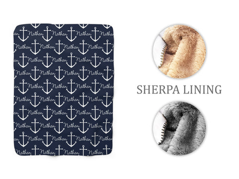 Personalized Navy Blue Anchor Nautical Sherpa Fleece Blanket - SFB30