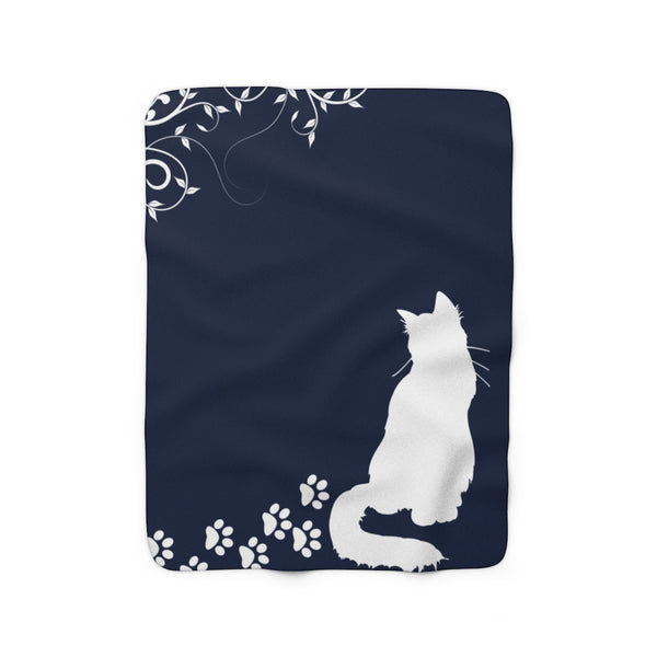 Navy Blue and White Cat Sherpa Fleece Blanket - SFB33