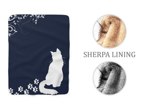 Navy Blue and White Cat Sherpa Fleece Blanket - SFB33