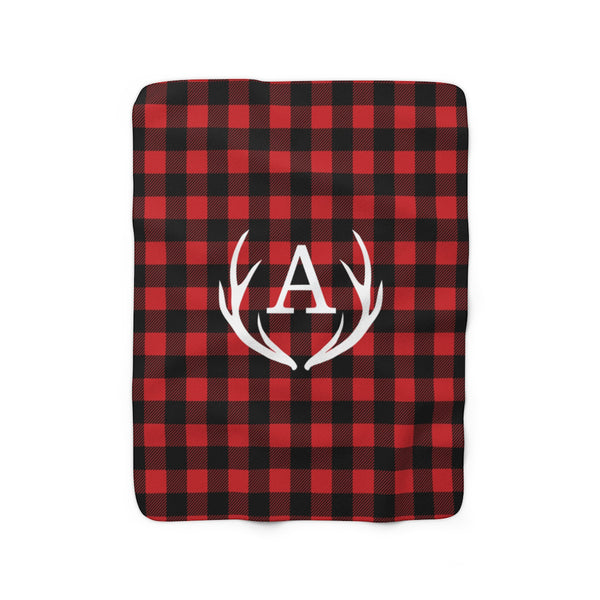 Red Buffalo Plaid Antler Sherpa Fleece Blanket - Personalized Nursery Blanket - SFB35