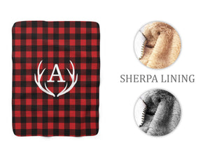 Red Buffalo Plaid Antler Sherpa Fleece Blanket - Personalized Nursery Blanket - SFB35
