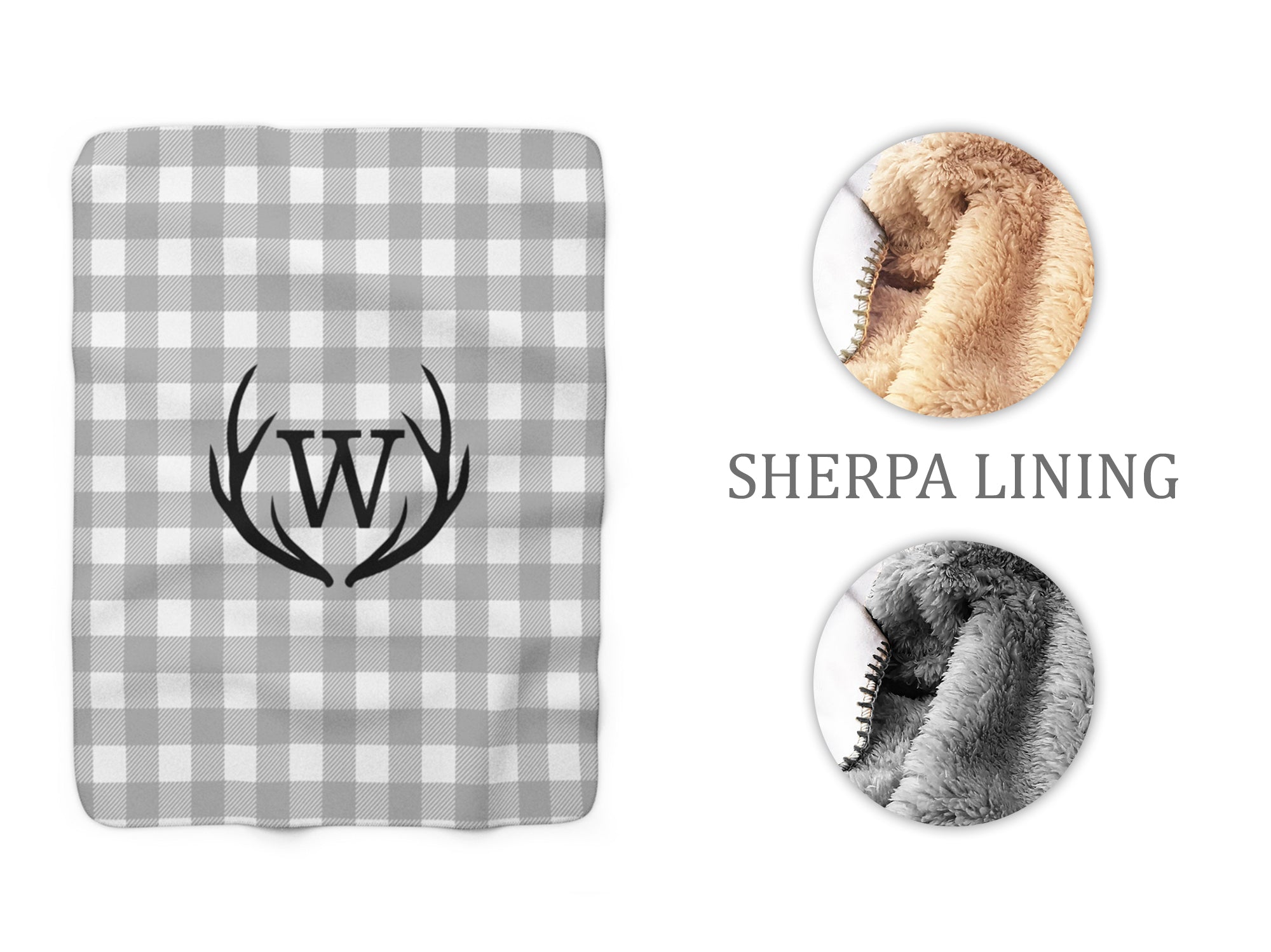 Gray Plaid Antler Sherpa Fleece Blanket - Personalized Nursery Blanket - SFB36