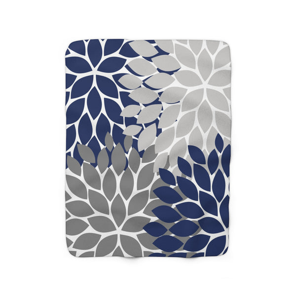 Blue & Gray Flower Burst Sherpa Fleece Blanket, Outdoor Throw Blanket - SFB3