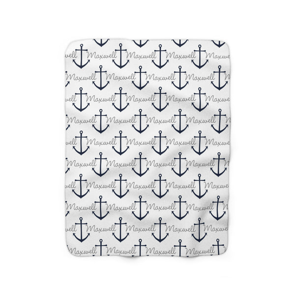 Personalized White and Blue Anchor Nautical Sherpa Fleece Blanket - SFB40