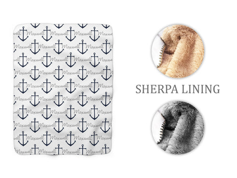 Personalized White and Blue Anchor Nautical Sherpa Fleece Blanket - SFB40