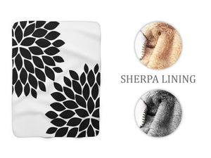 Floral Throw Blanket, Sherpa Fleece Blanket, Camping Blanket, Black White Outdoor Fleece Blanket, Black and White Floral Bedding - SFB5