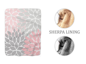 Pink Gray Blanket, Floral Throw Blanket, Sherpa Fleece Blanket, Outdoor Blanket, Camping Blanket, Pink Fleece Blanket, Pink Bedroom - SFB6