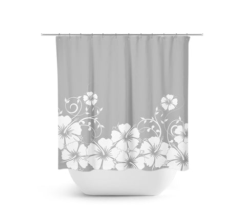 Gray & White Hibiscus Cluster Fabric Shower Curtain - SHOWER104