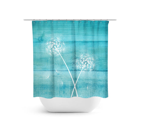 Farmhouse Aqua & White Dandelion Fabric Shower Curtain - SHOWER15