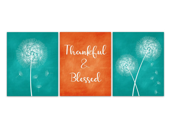 Orange and Teal Dandelion Wall Art Print Set "Thankful & Blessed" - HOME639