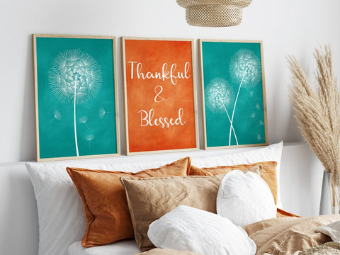 Orange and Teal Dandelion Wall Art Print Set "Thankful & Blessed" - HOME639