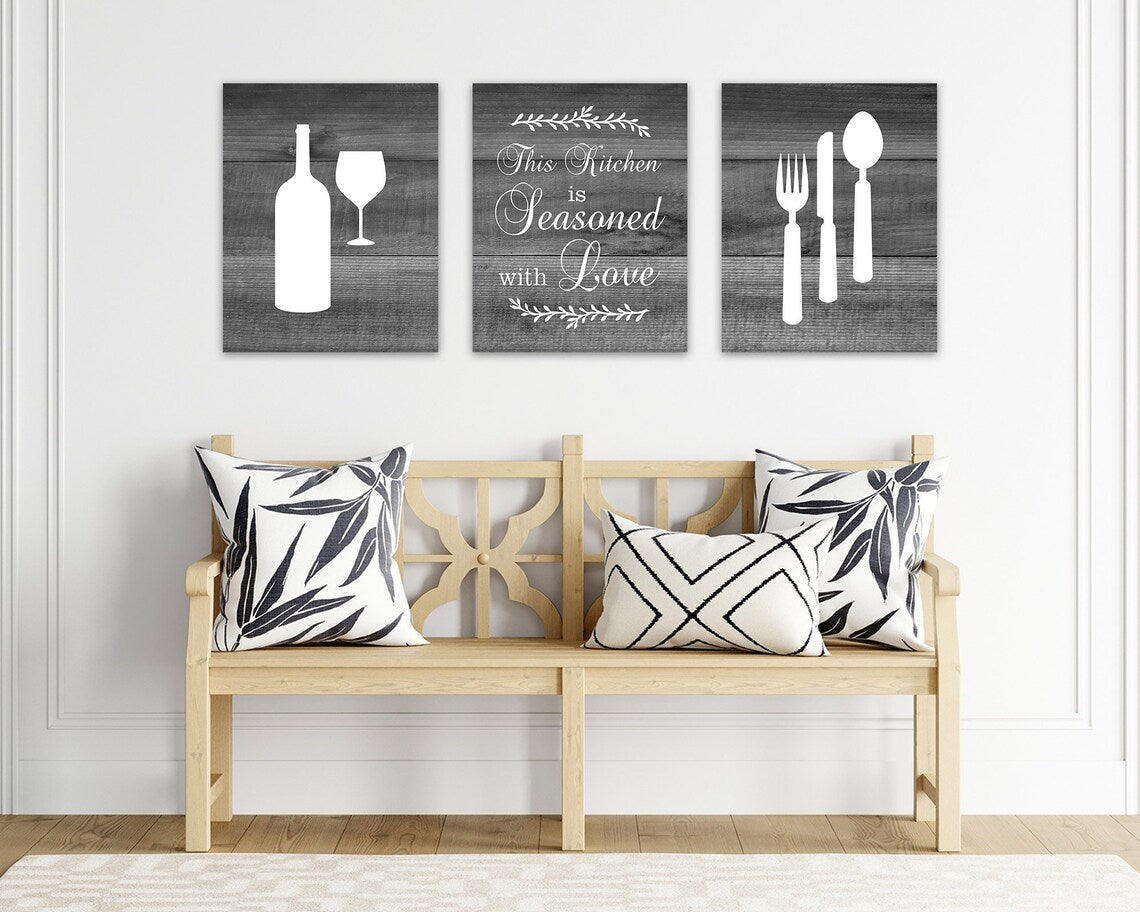 This Kitchen is Seasoned with Love, Gray Farmhouse Kitchen Decor, Rustic Kitchen CANVAS, Kitchen Quote Artwork, Fork Spoon Knife - HOME452
