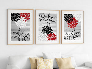 Red Black and Gray Floral Wall Art Print Set - HOME836