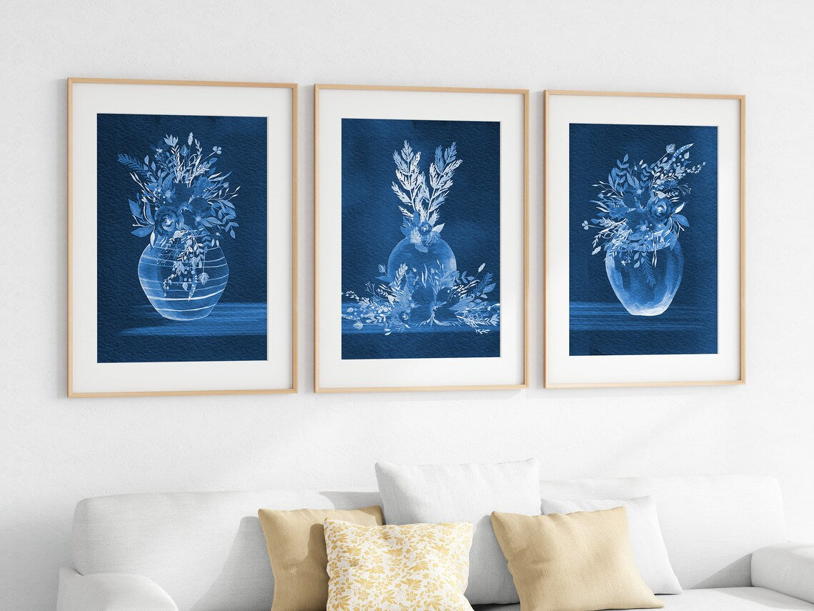 Blue Floral Wall Art Print Set - HOME1116