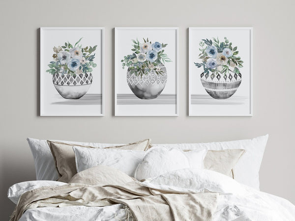 Blue and Gray Floral Wall Art Print Set - HOME1112