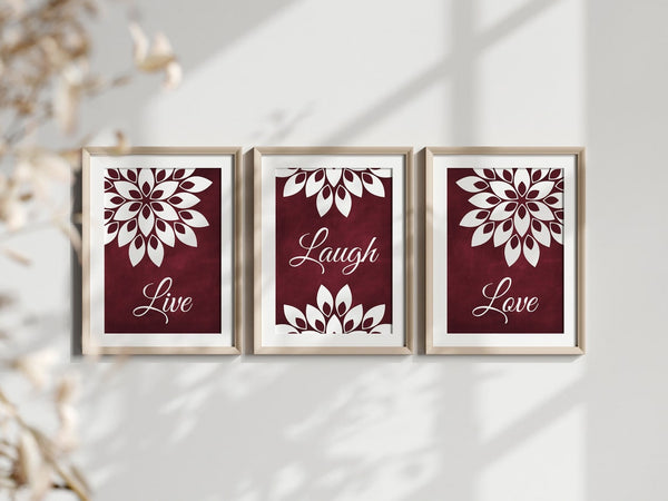 Burgundy and White Floral Wall Art Print Set "Live Laugh Love" - HOME732