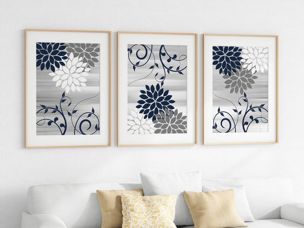 Blue and Gray Scroll Floral Wall Art Print Set - HOME839