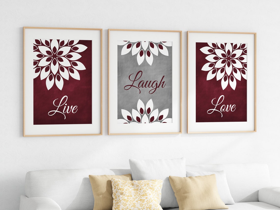 Burgundy and Gray Floral Wall Art Print Set "Live Laugh Love" - HOME733