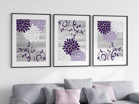Purple and Gray Scroll Floral Wall Art Print Set - HOME838