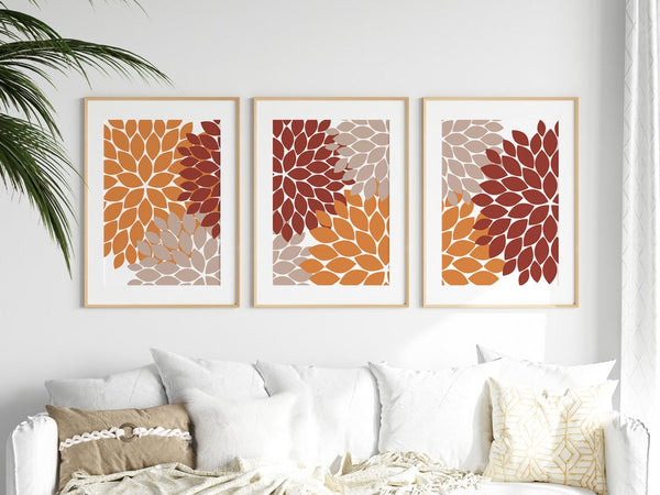 Red Orange and Tan Floral Wall Art Print Set - HOME721