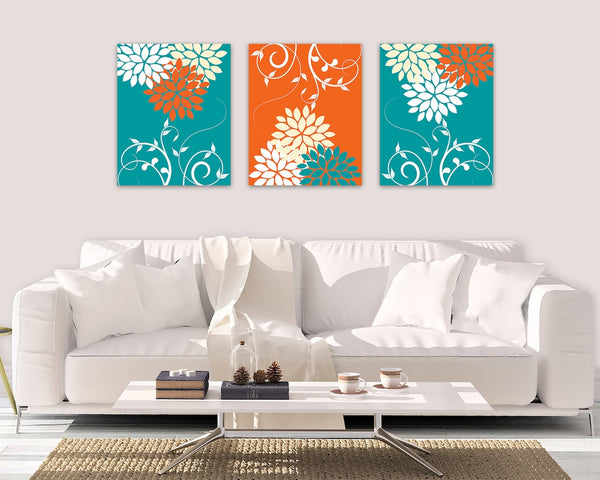 Teal and Orange Floral Wall Art Print Set - HOME844