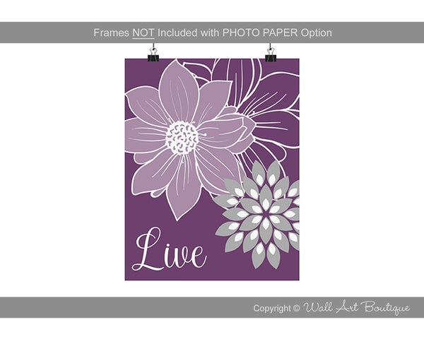 Purple  Floral Wall Art Print Set "Live Laugh Love" - HOME1087