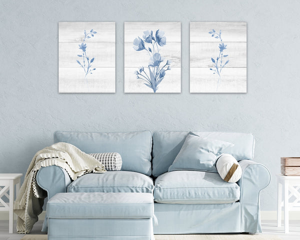 Farmhouse Decor Soft Blue Watercolor Floral Wall Art Print Set - HOME802
