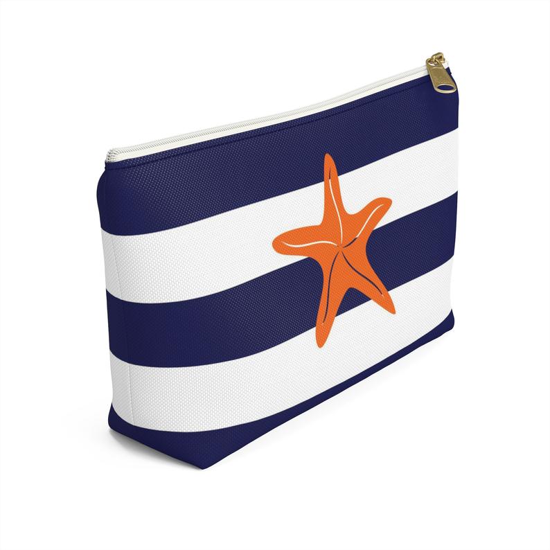 Makeup or Toiletry Bag - Orange Starfish on Blue Stripes - PH3